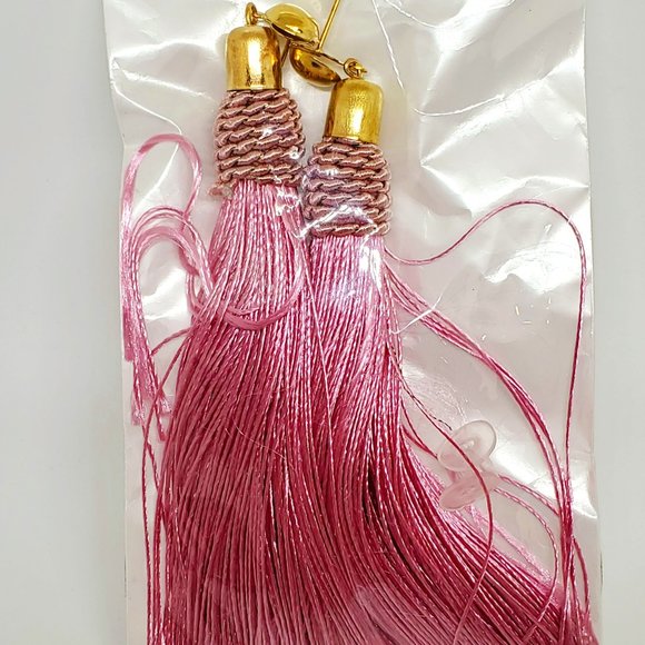 Pink Tassel Embroidery Thread Gold Post LONG Dangle Earrings - Picture 1 of 4